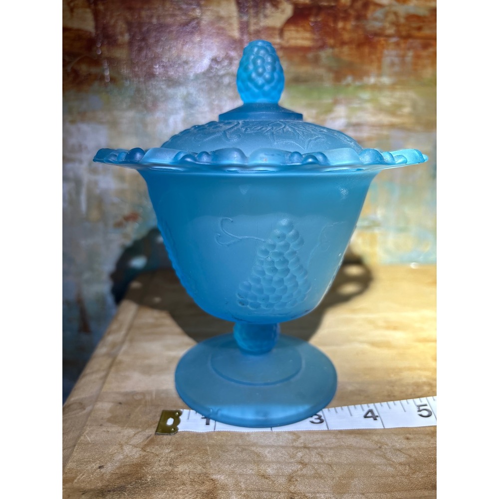 Vintage Frosted Blue Satin Glass Grape Compote Dish with Lid Lace Edge Pedestal